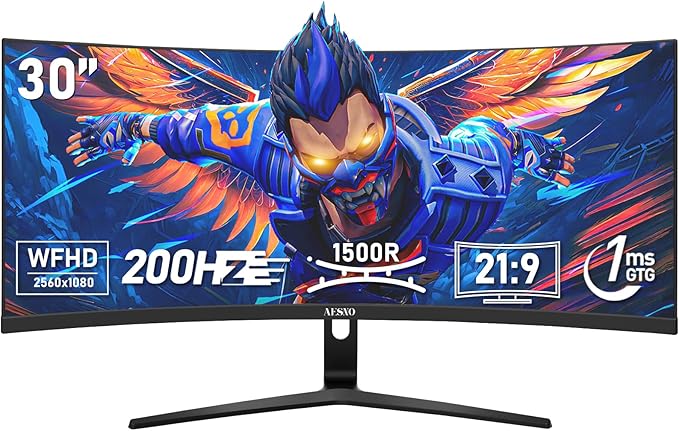 شاشة العاب منحنية 30 انش عريضة للغاية 200Hz WFHD (2560×1080) شاشة كمبيوتر 21:9 1500R مع فري سينك 1 مللي ثانية (GTG) 100% sRGB DP ومنفذ HDMI للمنزل والمكتب والالعاب من ايسنو